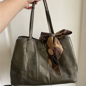 Coach Metallic Olive Leather Tote with Scarf